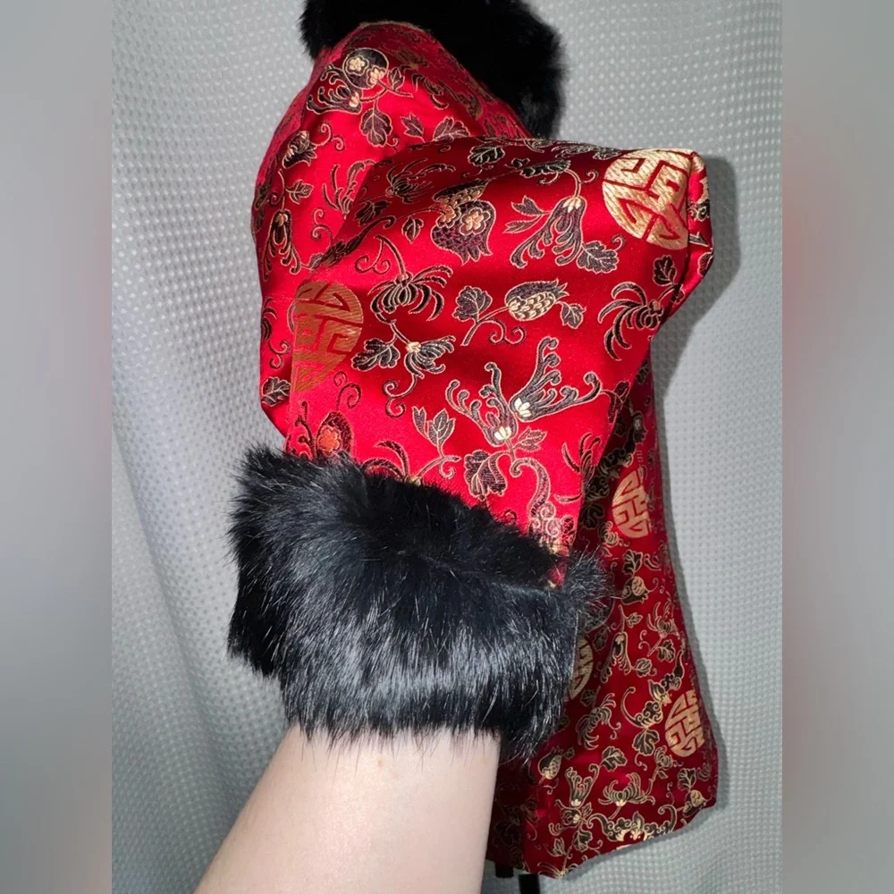 Chinese Silk Blend Jacket Rabbit Fur Collar Red Tailored blazer sz L /US Small - Picture 4 of 14